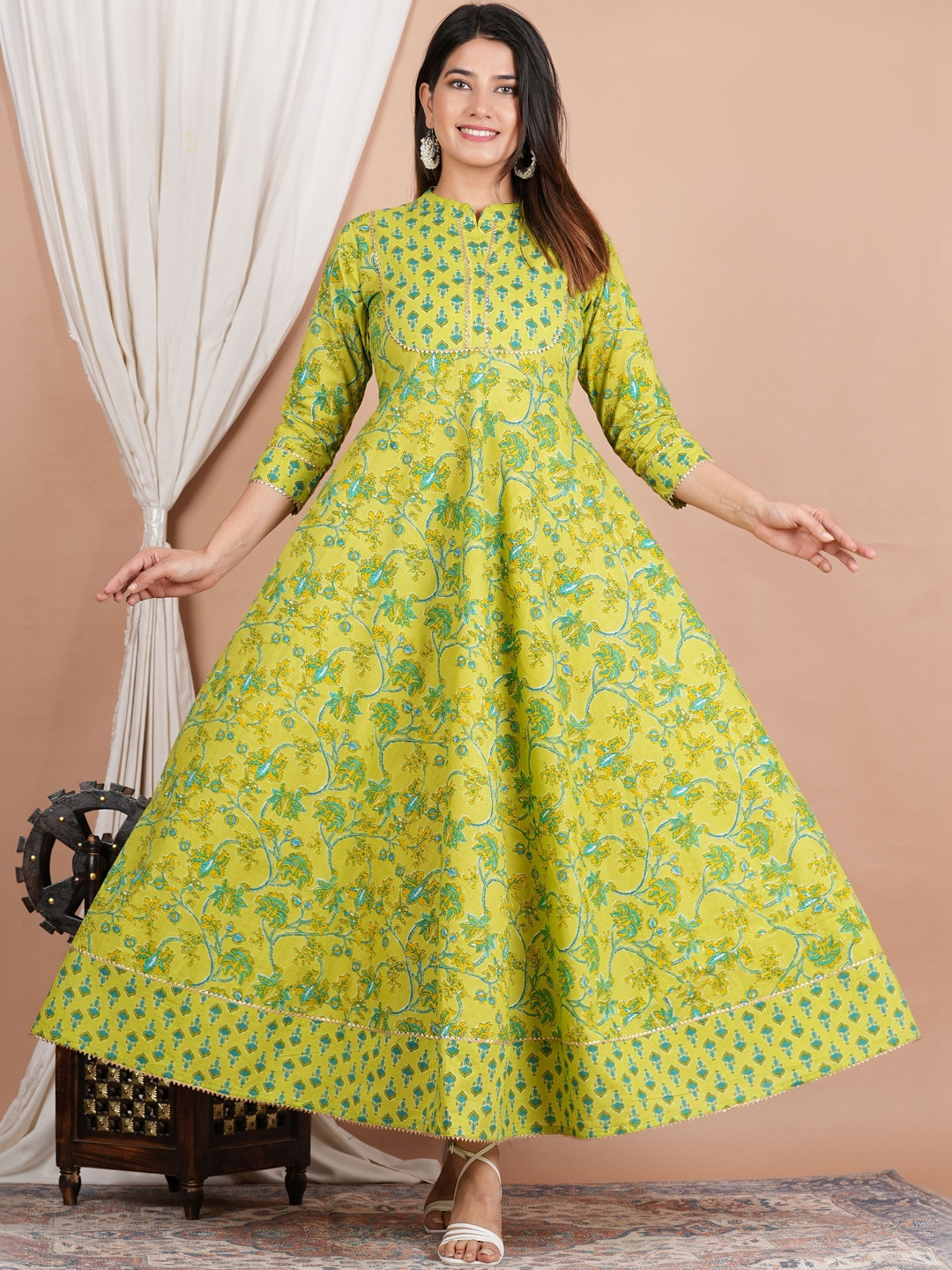 Navkriti Jaipur Botanical Printed Pure Cotton Panelled Anarkali Kurti