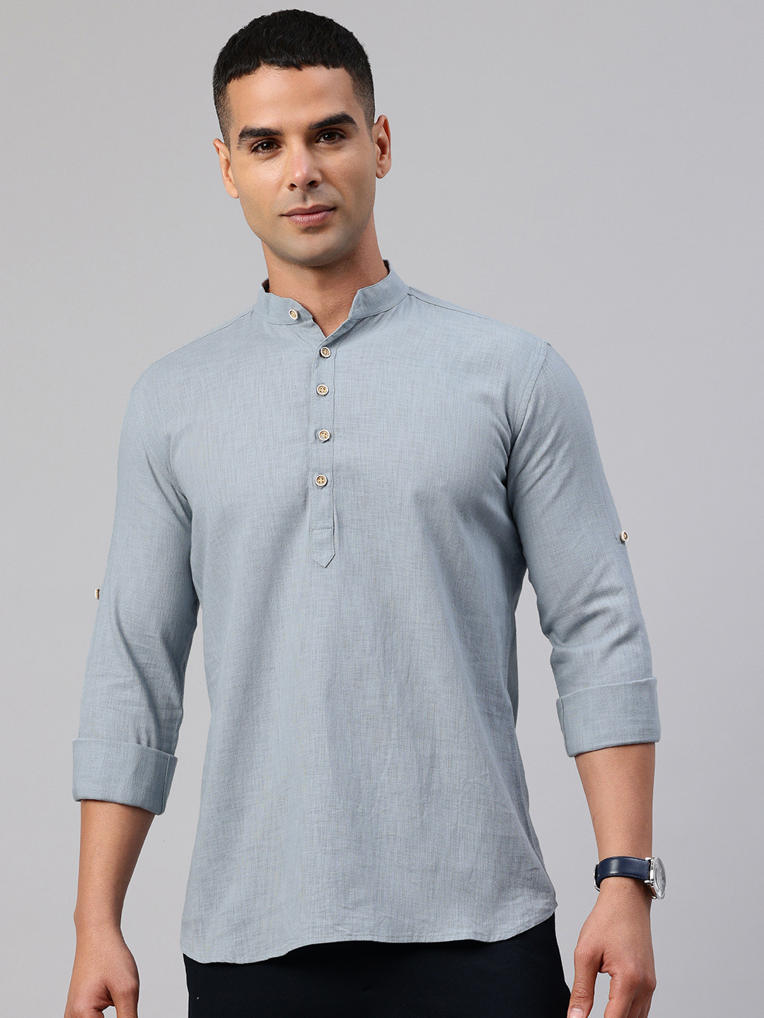 Majestic Man Striped Roll-Up Sleeve Short Kurta