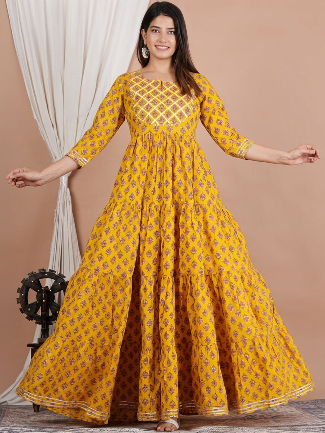 Navkriti Jaipur Ethnic Motifs Printed Mirror Work Pure Cotton Mirror Work Tiered Anarkali Kurti