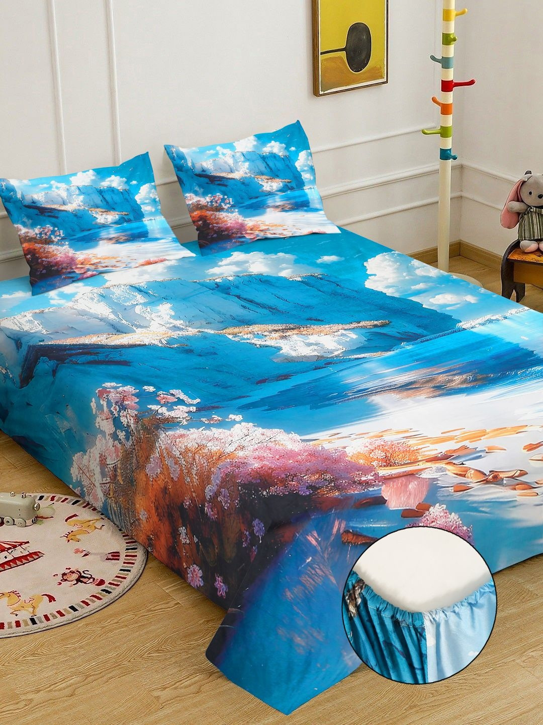 Blue & White Floral Printed Fitted 7D 400 TC Double King Bedsheet With 2 Pillow Cover