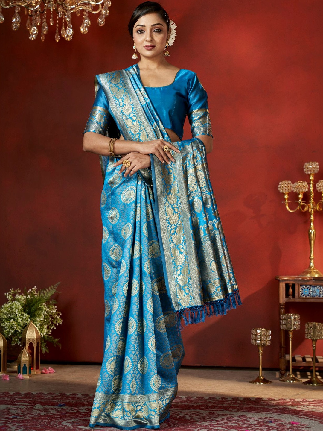 SURUKH Ethnic Motifs Zari Silk Blend Heavy Work Banarasi Saree
