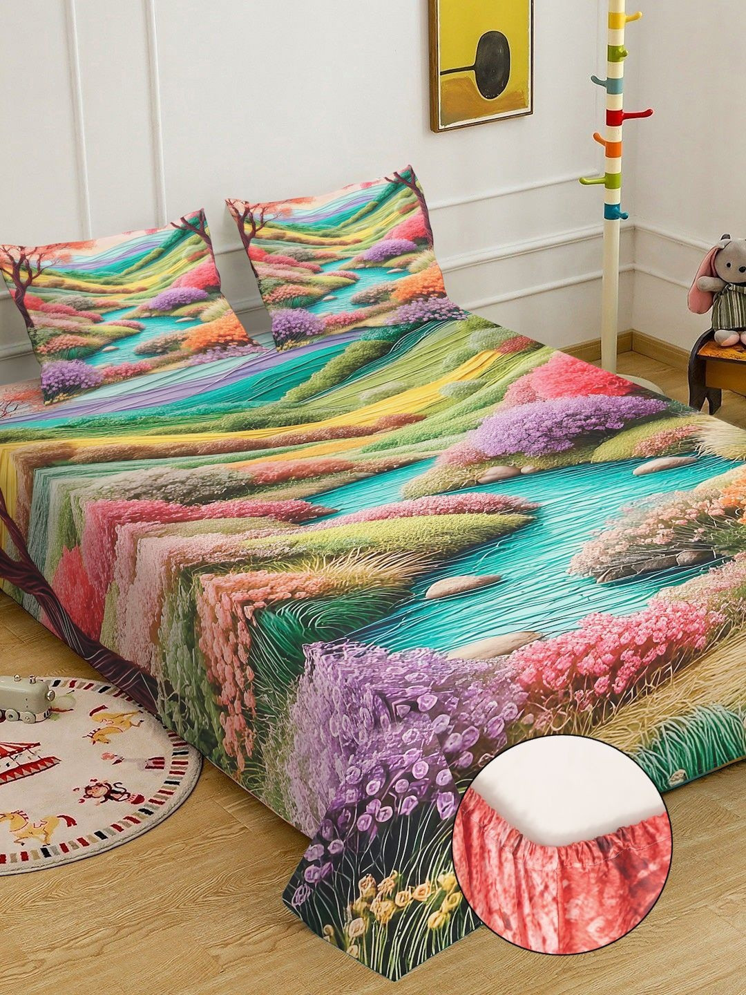 Red & Green Floral Printed Fitted 7D 400 TC Double King Bedsheet With 2 Pillow Cover