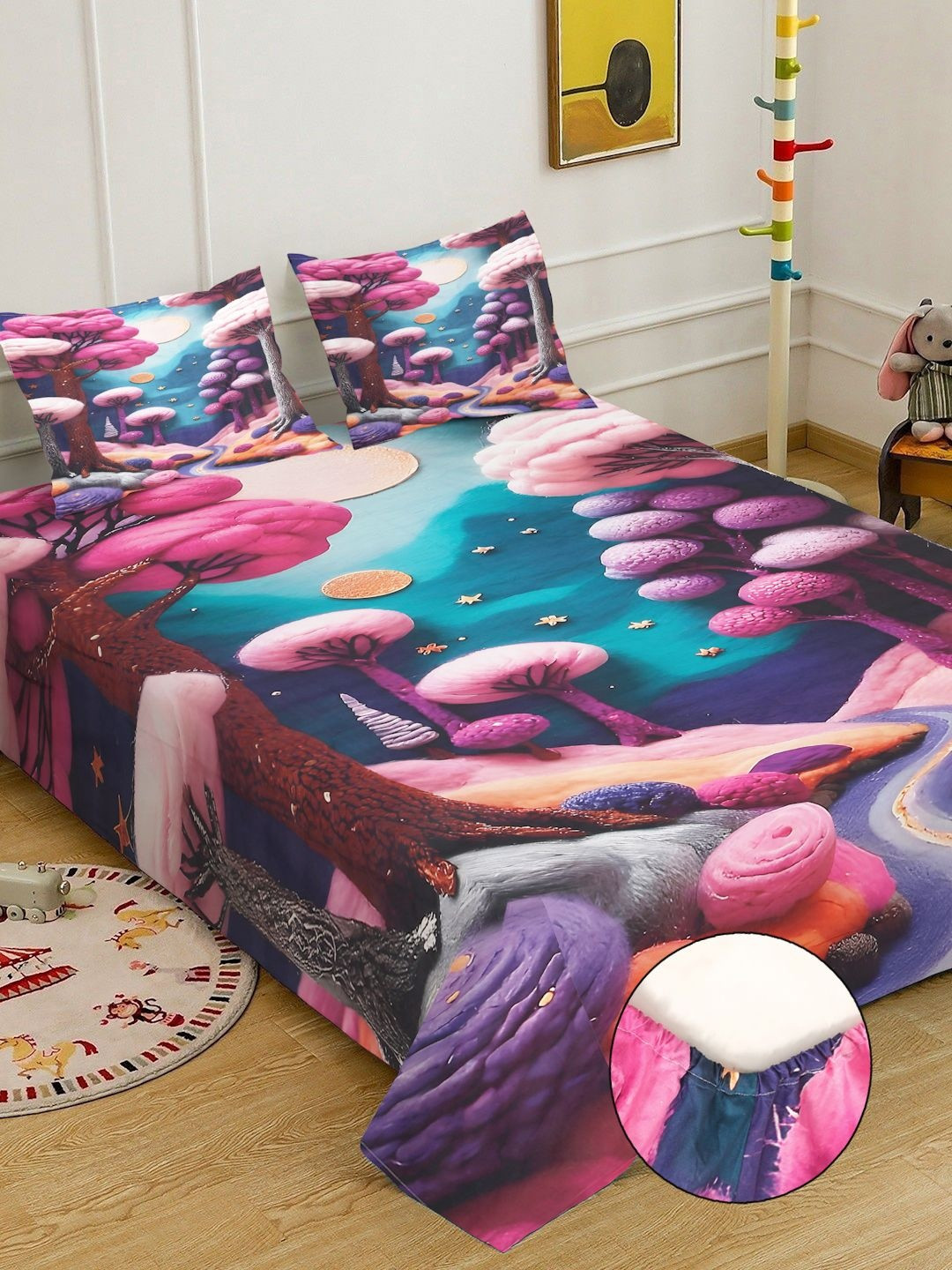 Purple & Green Cartoon Printed Fitted 7D 400 TC King Bedsheet With 2 Pillow Cover