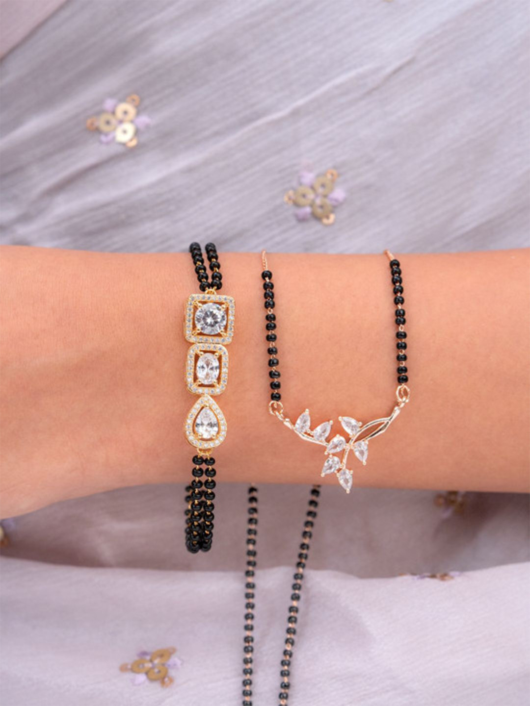Zeraki Jewels Set Of 2 Gold-Plated Artificial Stones Studded & Beaded Mangalsutra