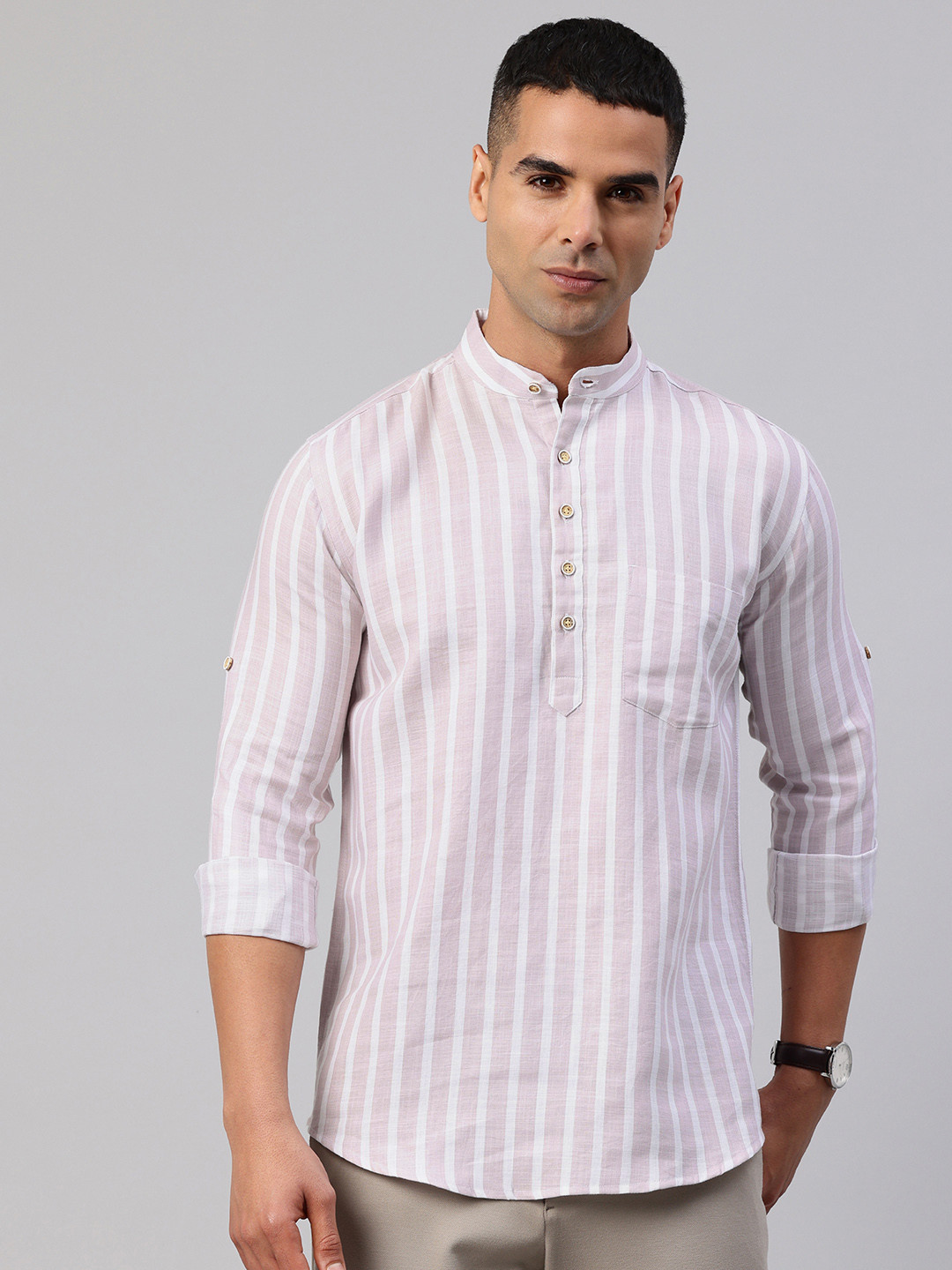 Majestic Man Striped Roll-Up Sleeve Short Kurta