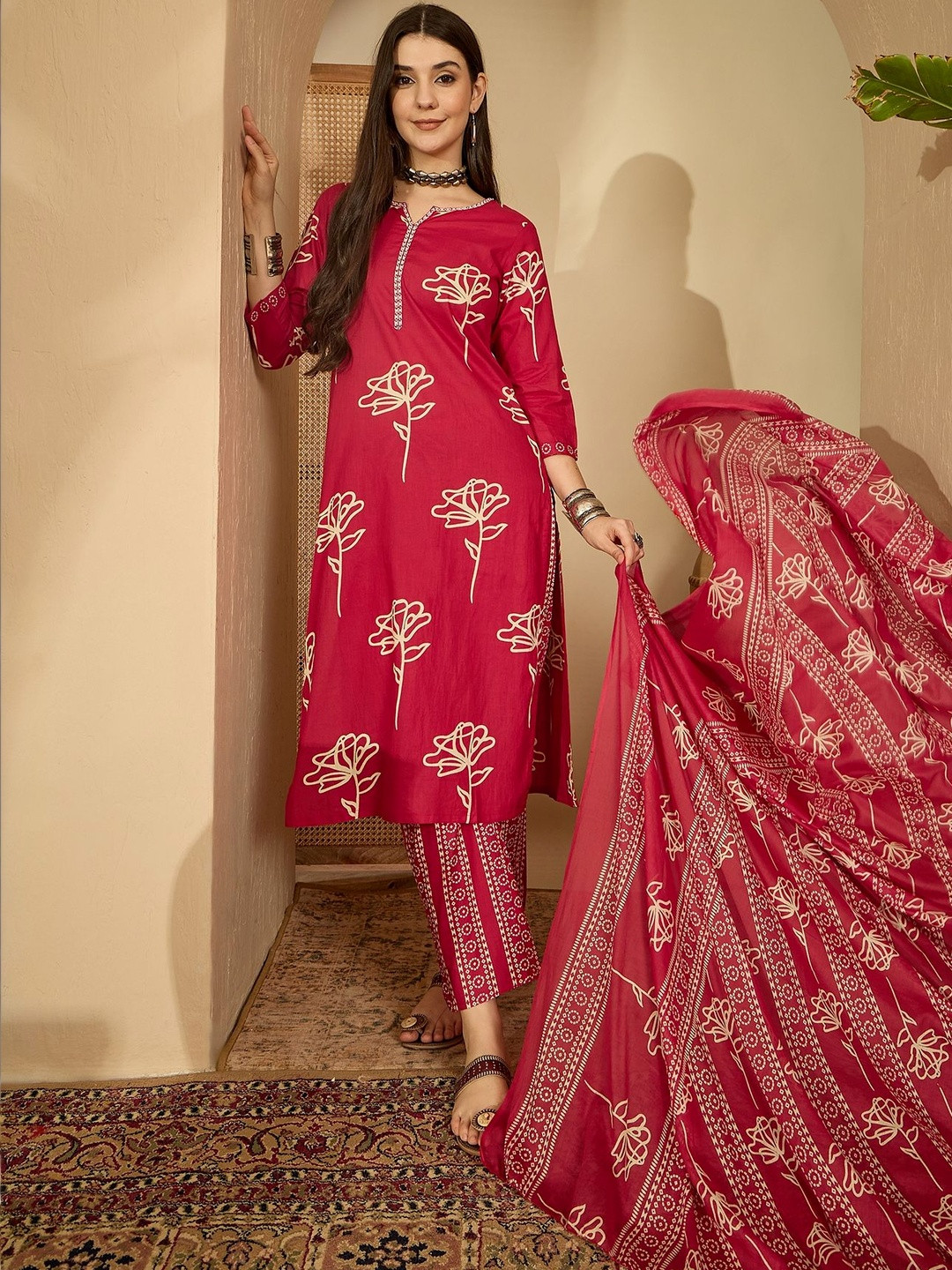Sangria Printed Pure Cotton Round Neck Kurta & Trousers Kurta Set