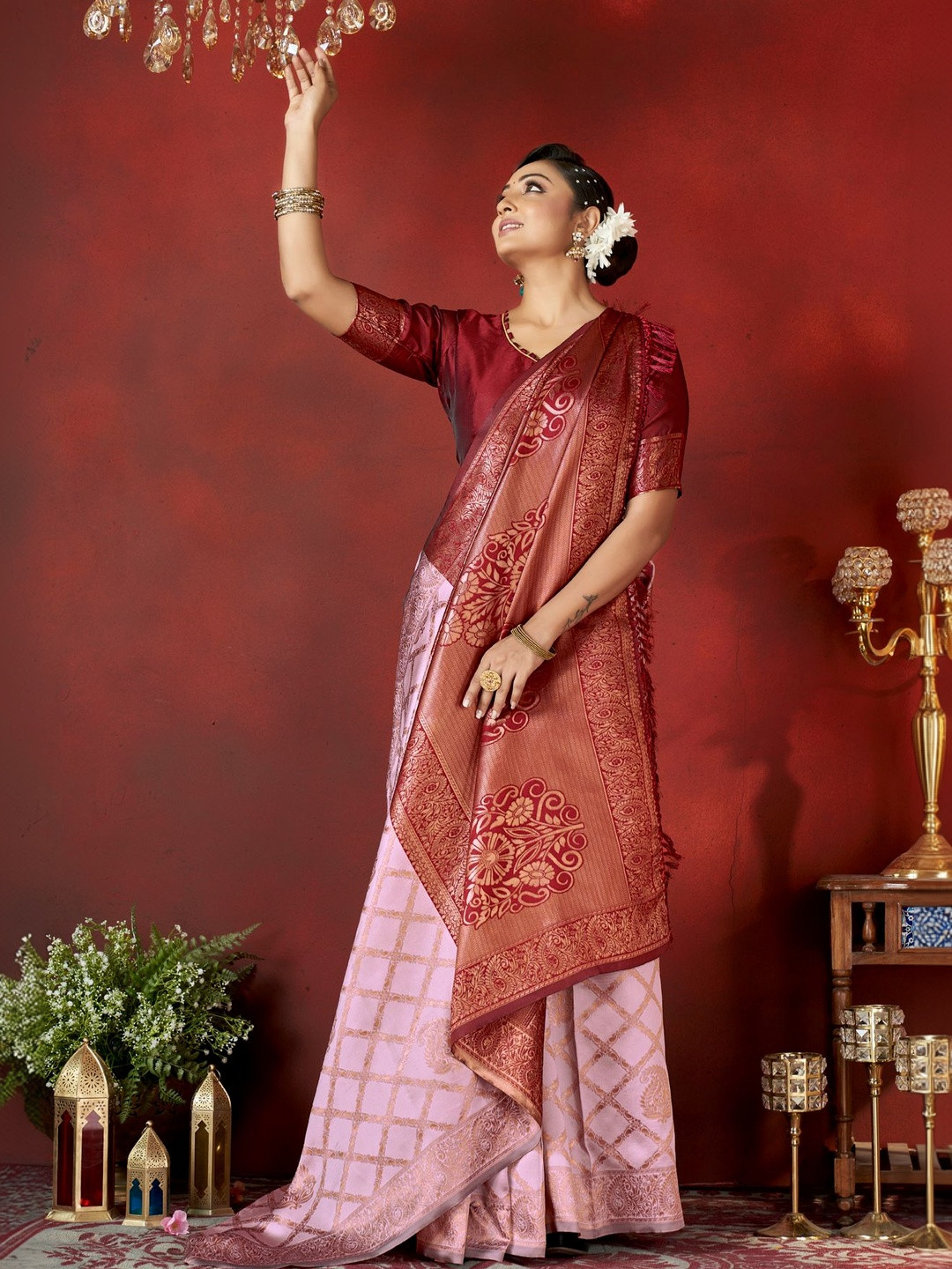 SURUKH Ethnic Motifs Zari Silk Blend Heavy Work Banarasi Saree