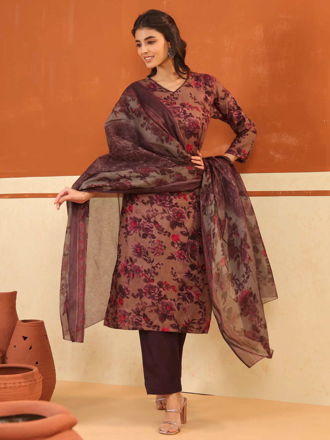 Larqi Floral Printed V Neck Pure Cotton Straight Kurta & Trousers With Dupatta