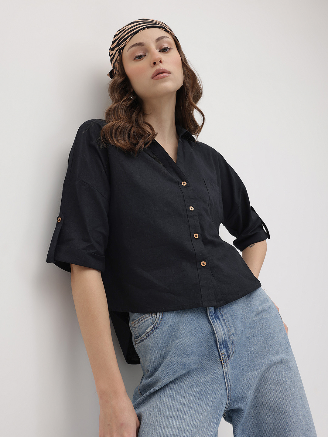 The Roadster Life Co. Drop Shoulder Sleeves Pure Cotton Oversized Shirt with High-Low Hem