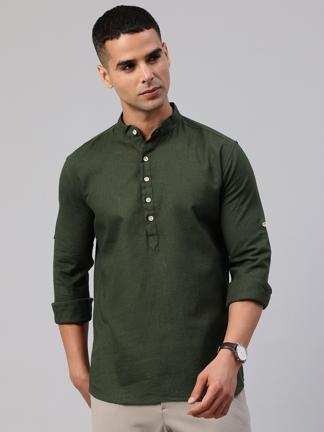 Majestic Man Striped Roll-Up Sleeve Short Kurta