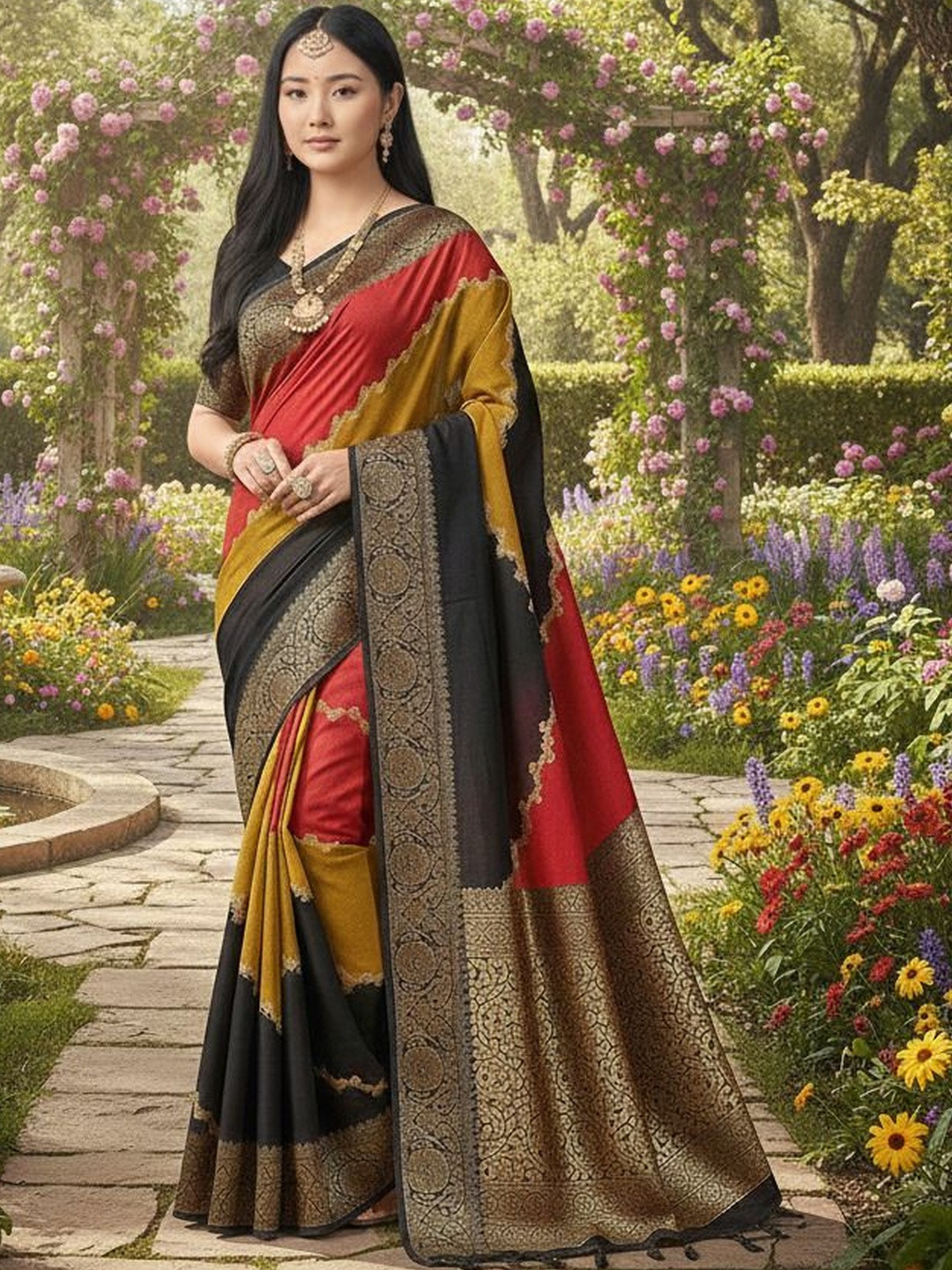 GHAN SALS Woven Design Zari Silk Blend Heavy Work Kanjeevaram Saree