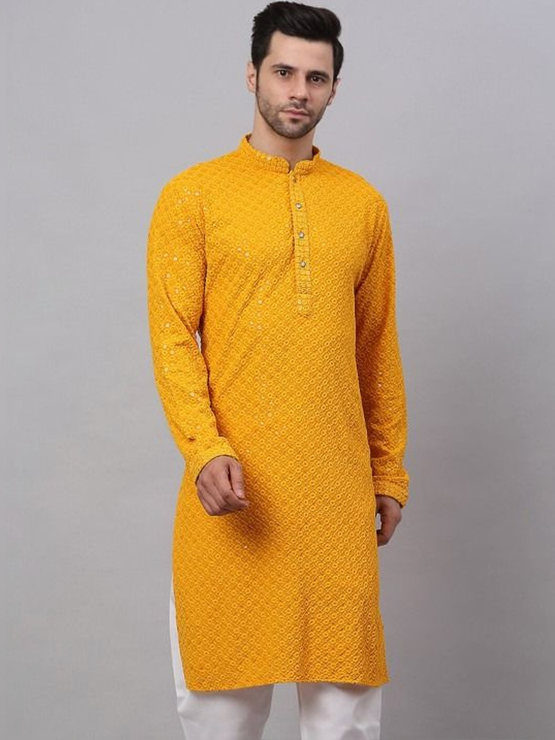 PRINTINDIA Men Ethnic Motifs Embroidered Regular Chikankari Kurta with Trousers