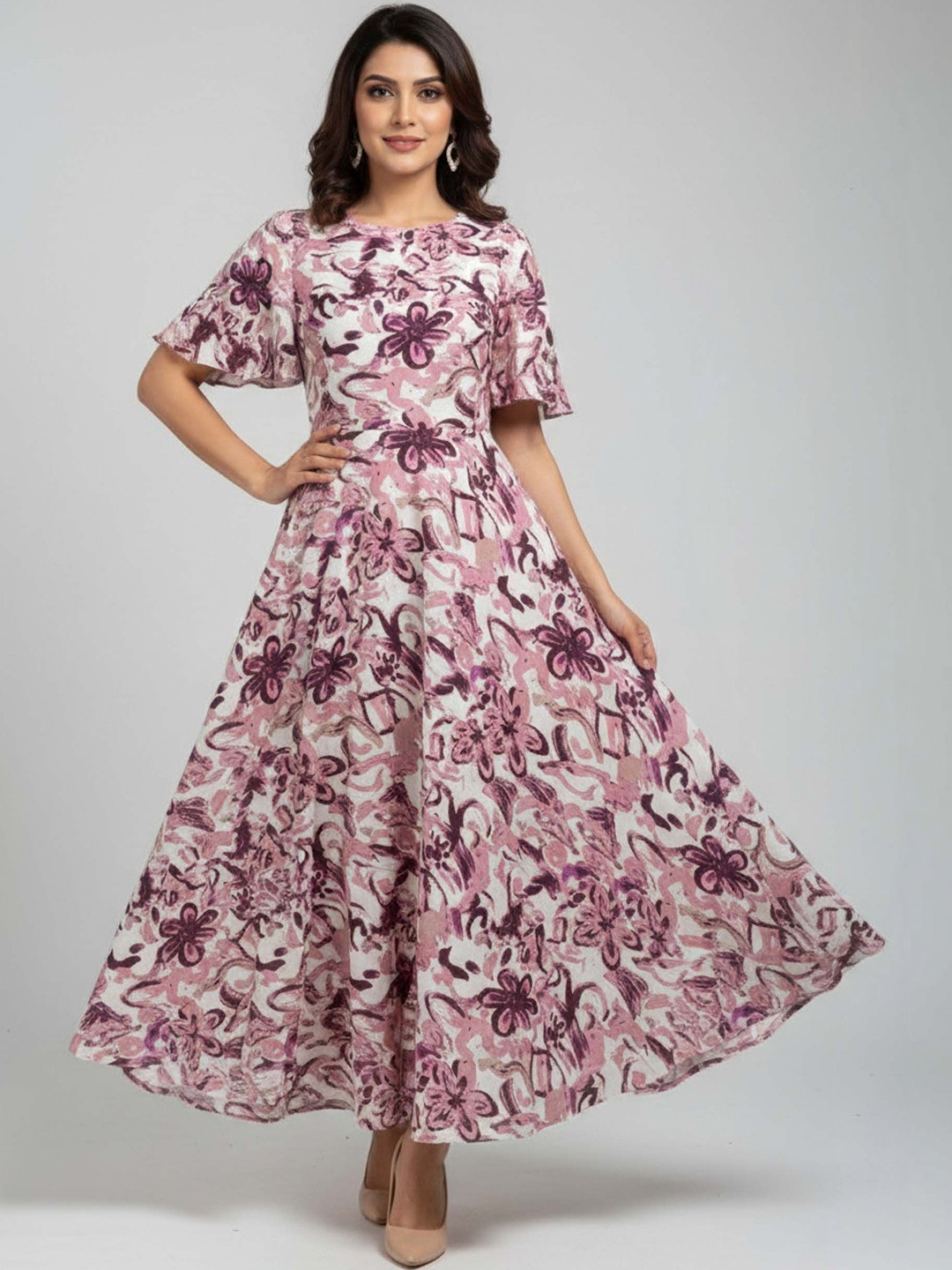 SARINKU Floral Print Flutter Sleeve Fit & Flare Maxi Dress