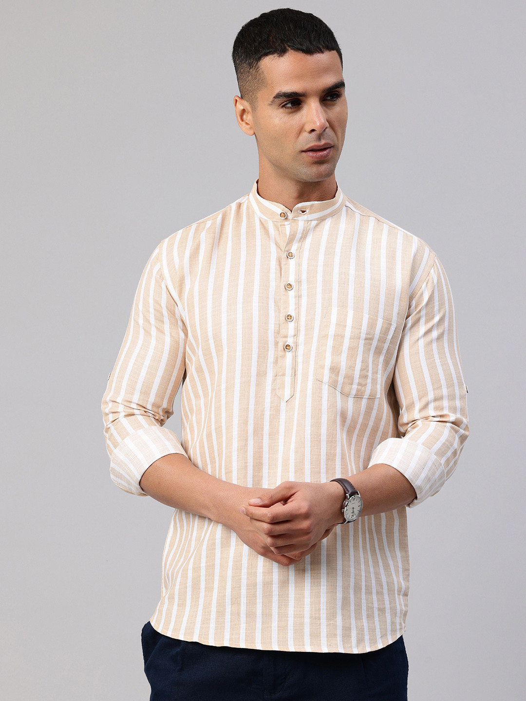 Majestic Man Striped Band Collar Roll-Up Sleeves Pure Cotton Kurta