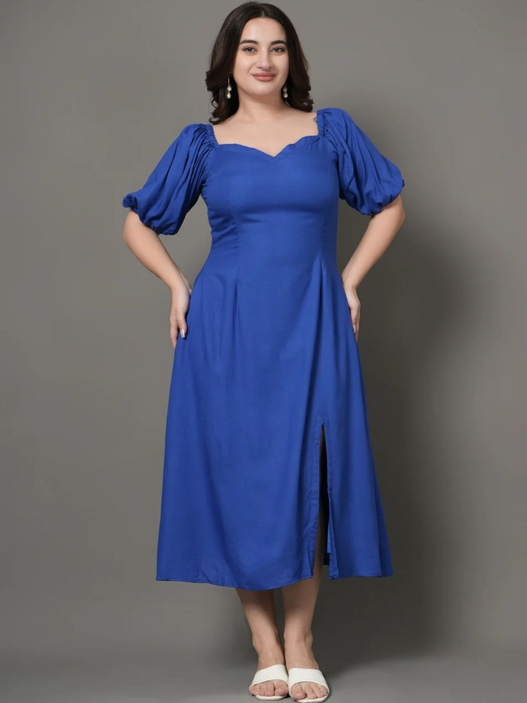 STYLLEY Plus Size Puff Sleeve A-Line Midi Dress