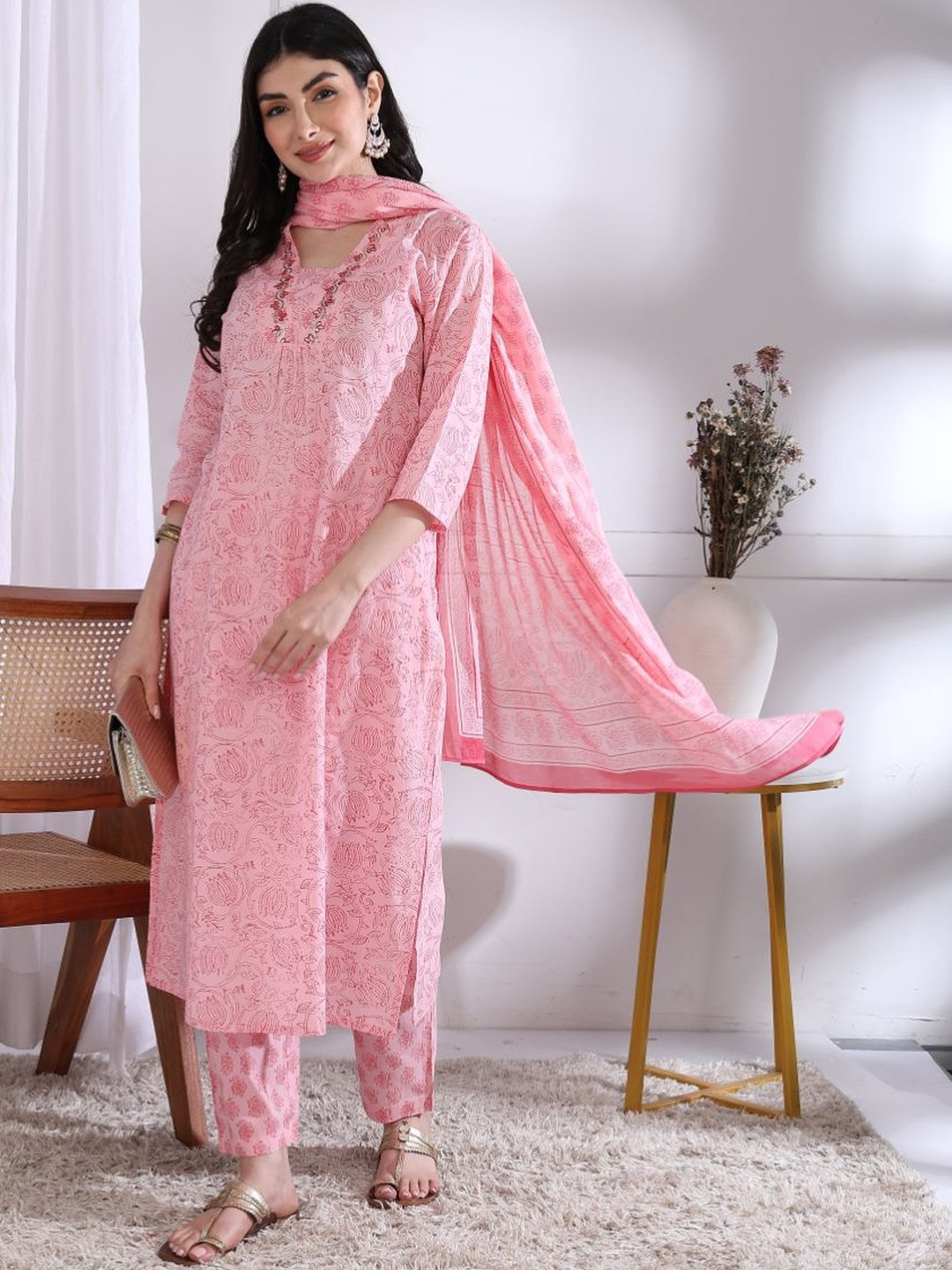 KALINI Ethnic Motifs Printed Regular Thread Work Pure Cotton Kurta with Trousers & Dupatta