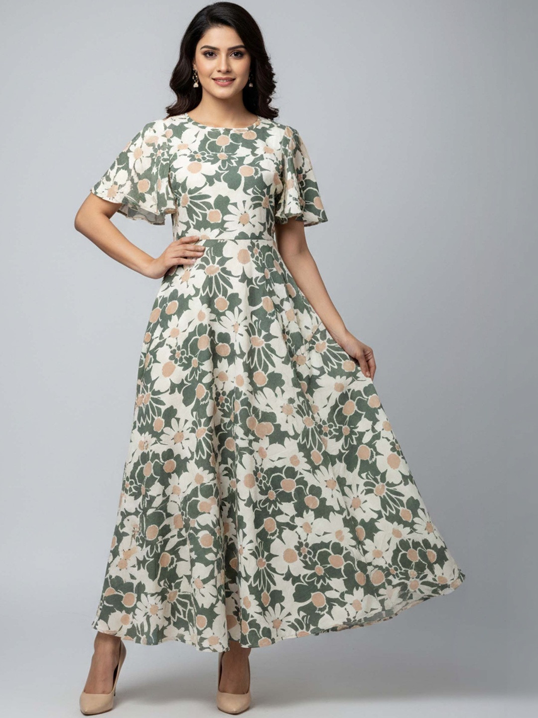 SARINKU Floral Print Flutter Sleeve Fit & Flare Maxi Dress