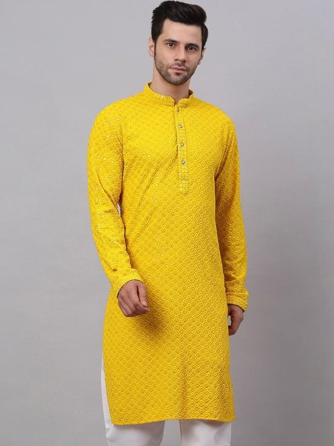 PRINTINDIA Men Ethnic Motifs Embroidered Regular Chikankari Kurta with Pyjamas