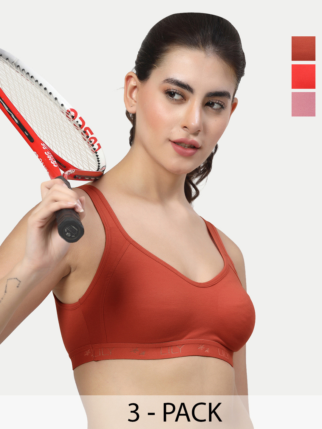 LILY Strops555 Pack of 3 Full Coverage Seamless Non Padded Sports Bra