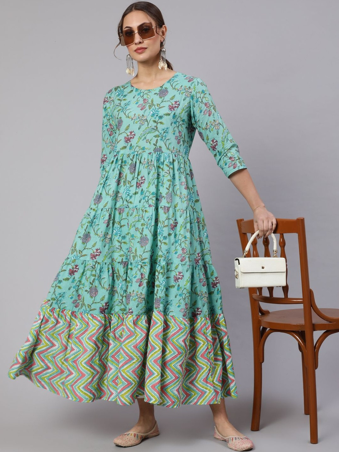 Navkriti Jaipur Floral Printed Pure Cotton Tiered Anarkali Kurti
