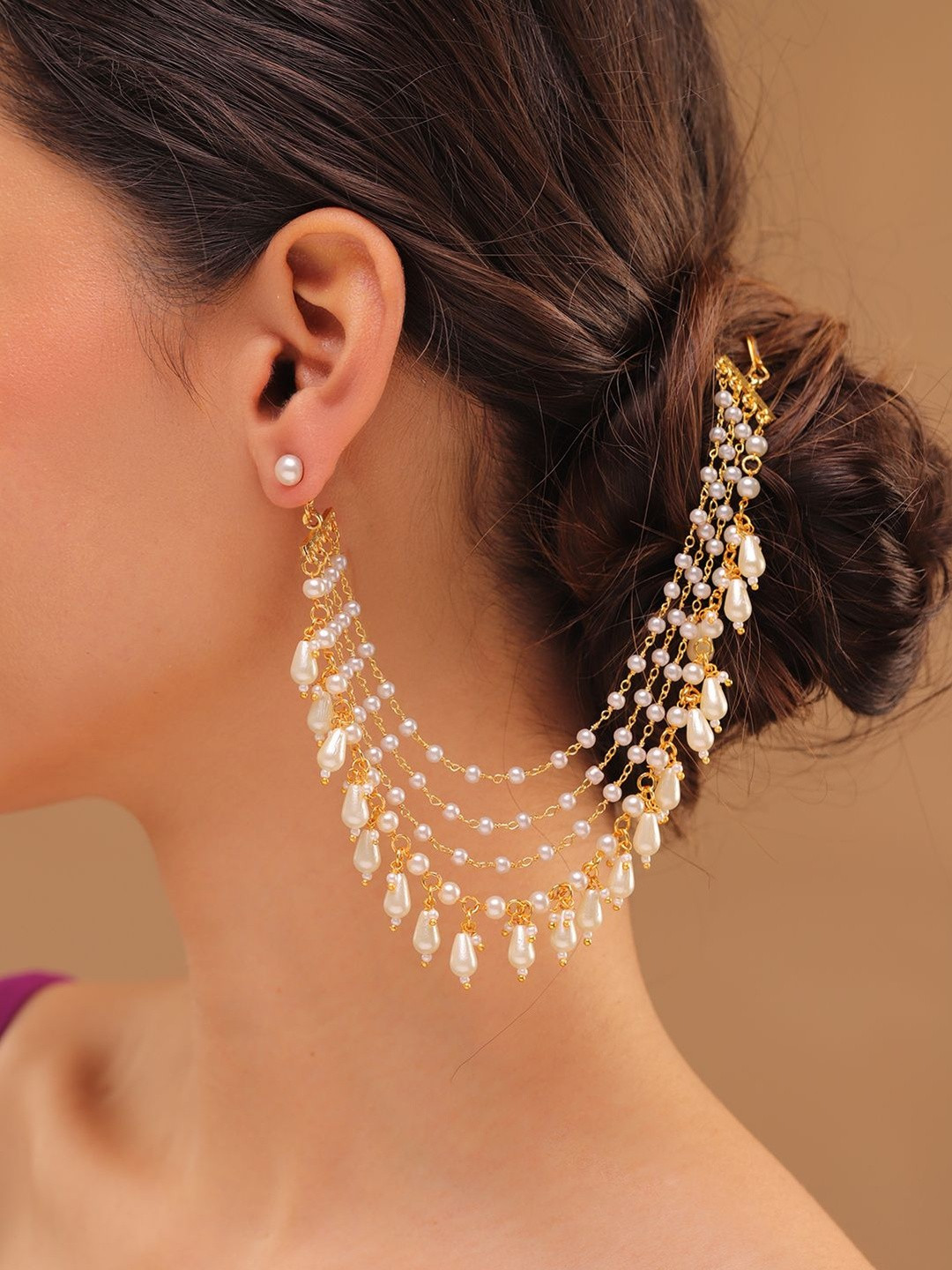 Pearl Elegance Ivory Pearl Drop Ethnic Earrings Chain Set