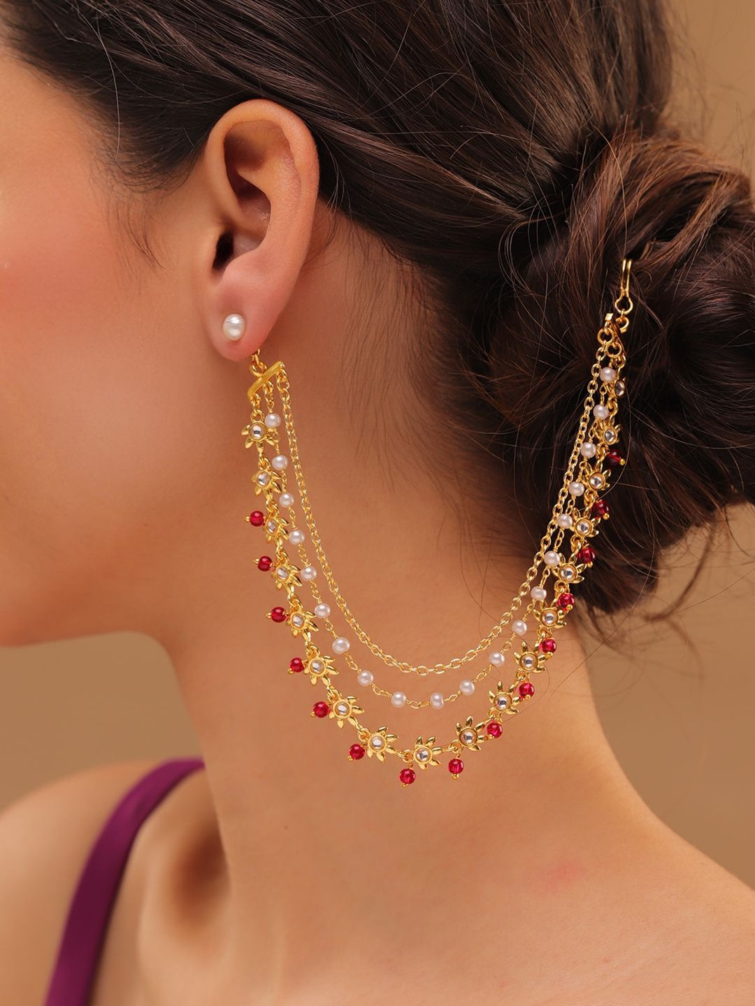 Pearl Elegance Royal Pink Floral Drop Ethnic Earrings Chain Set