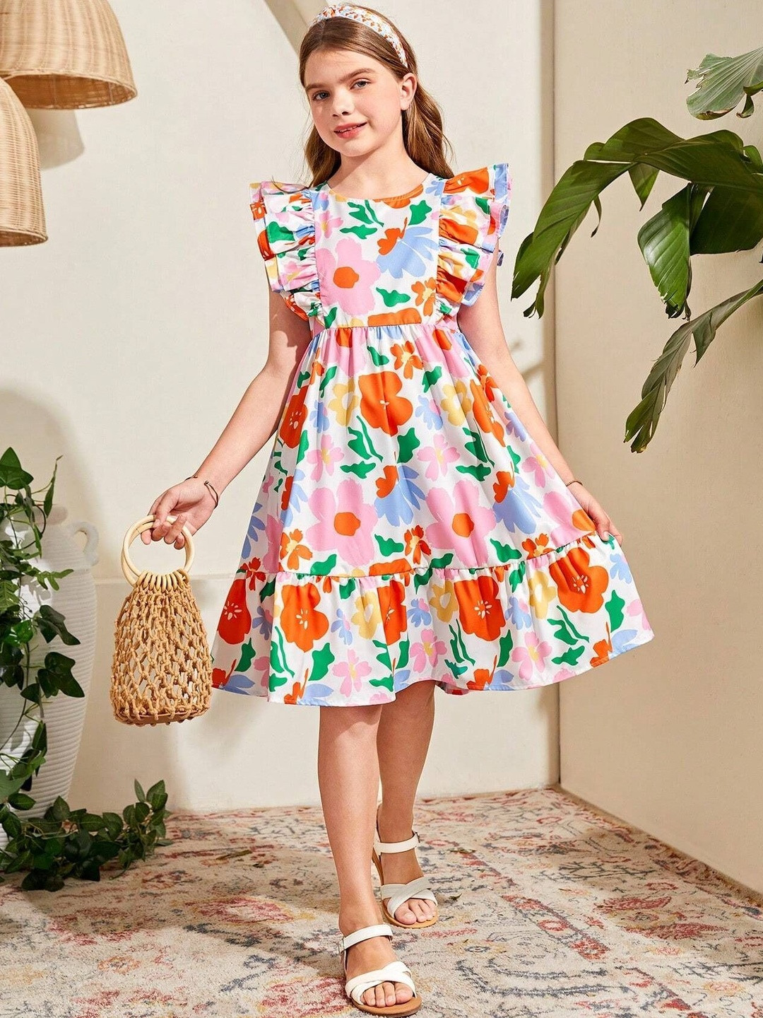 TIOR Floral Print Flutter Sleeve Fit & Flare Dress