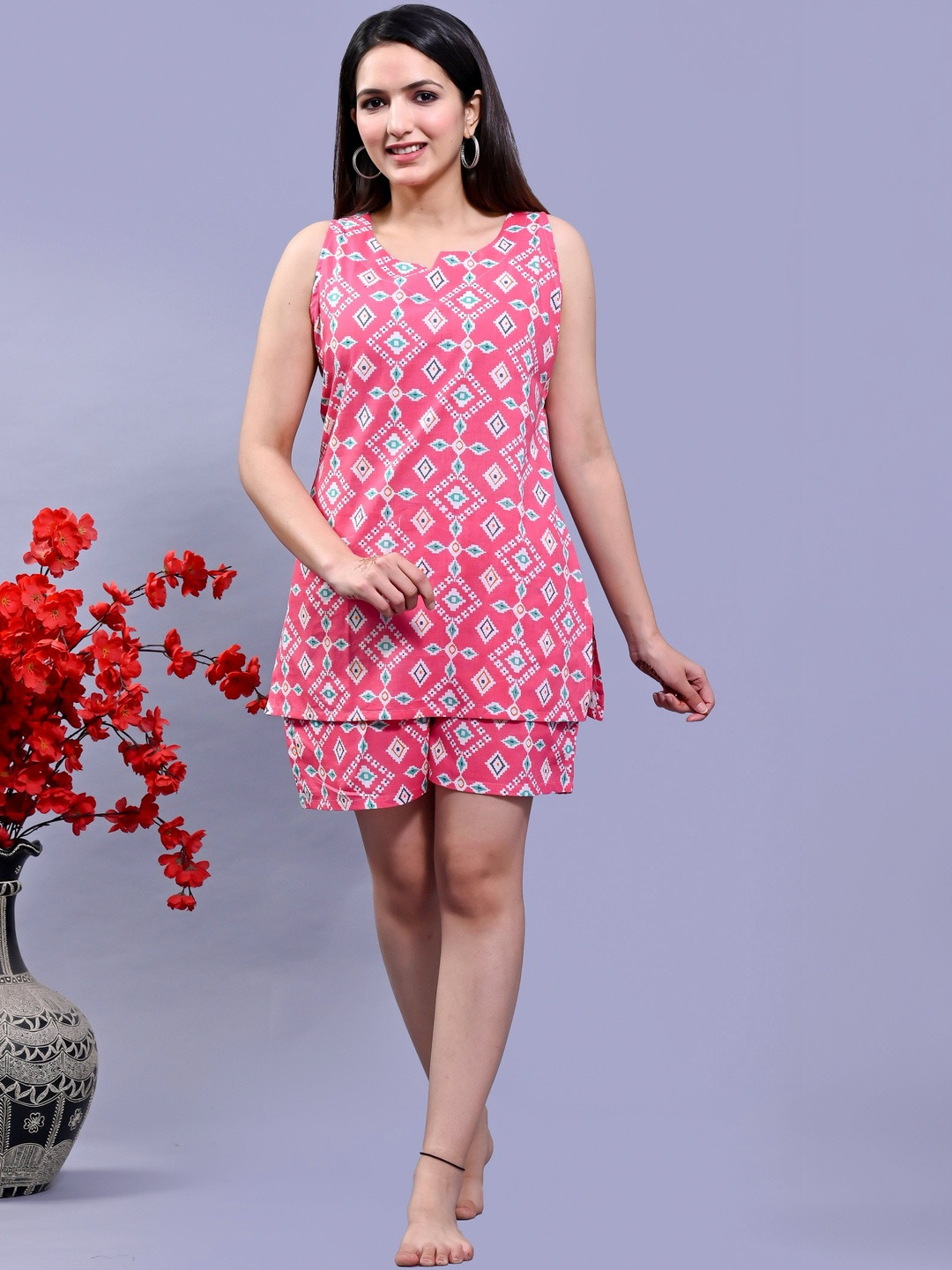 Hustle Bustle Women Pink Printed Sleeveless Nightdress