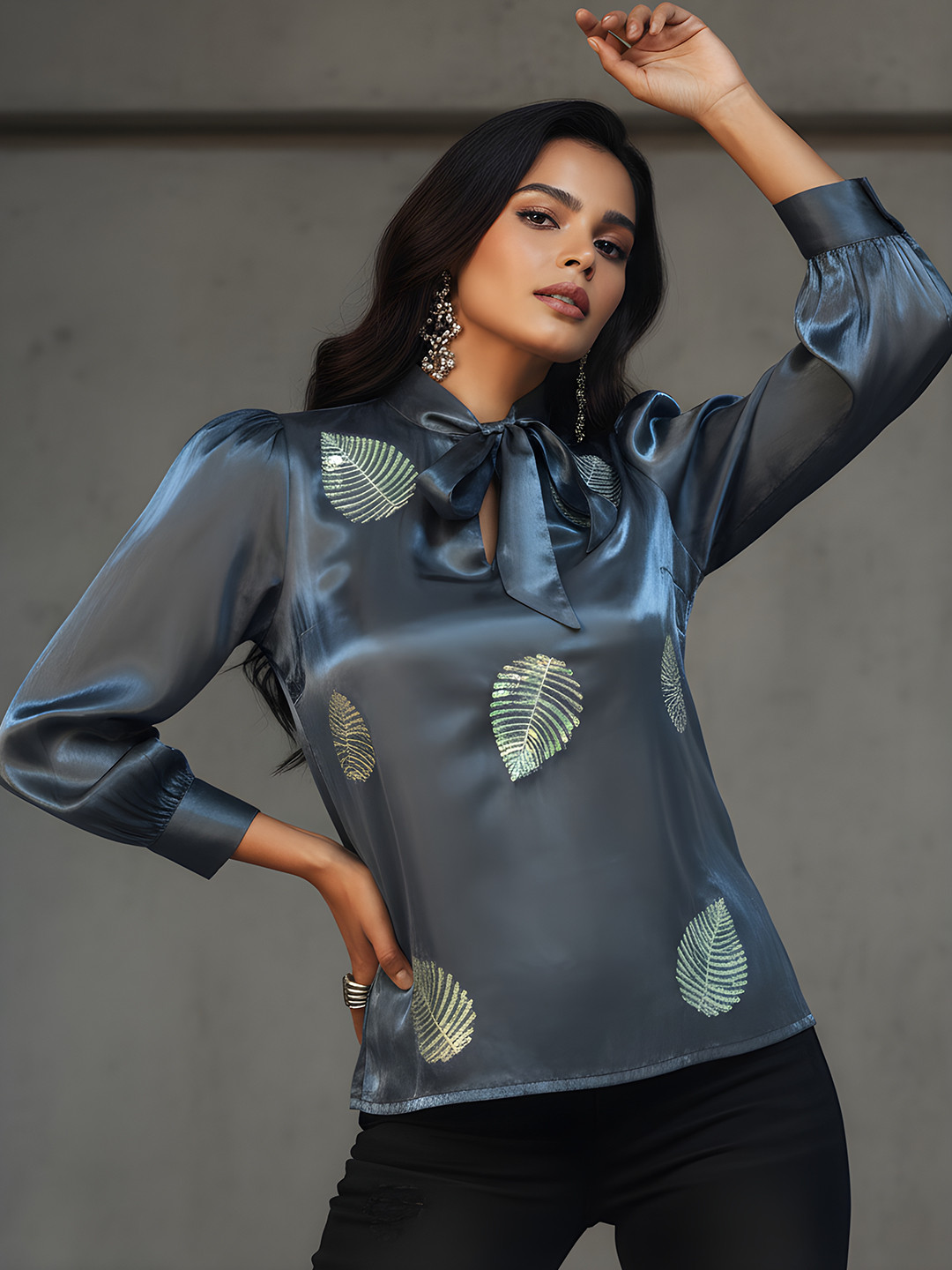 Dora Dori Embroidered Sequinn Sequined Striped Silk Tie-Up Neck Puff Sleeves Top