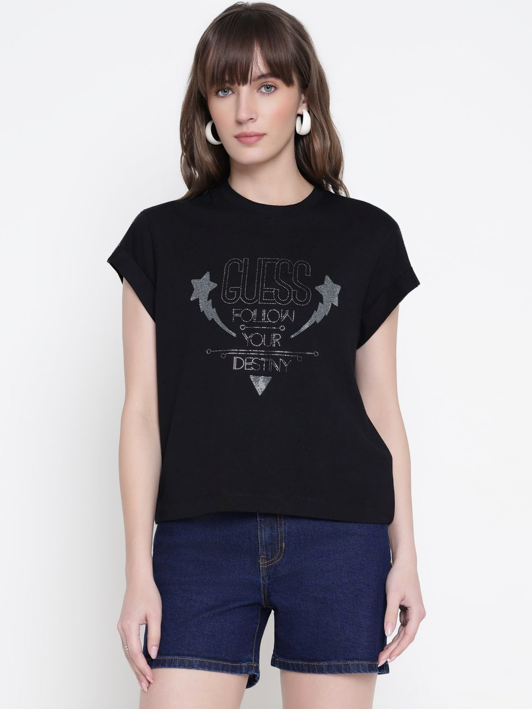 GUESS Women Typography Printed Drop-Shoulder Sleeves Pure Cotton T-shirt