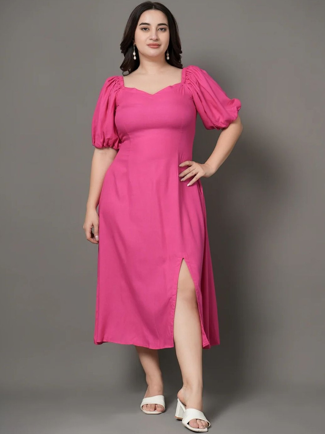 STYLLEY Puff Sleeve Fit & Flare Plus Size Midi Dress
