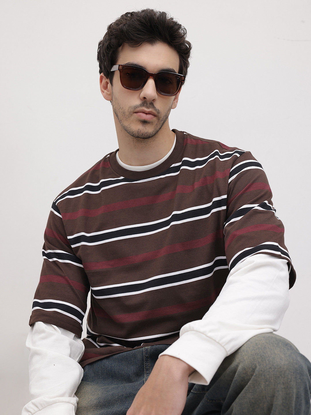 The Roadster Life Co. Striped Drop-Shoulder Sleeves Oversized T-shirt