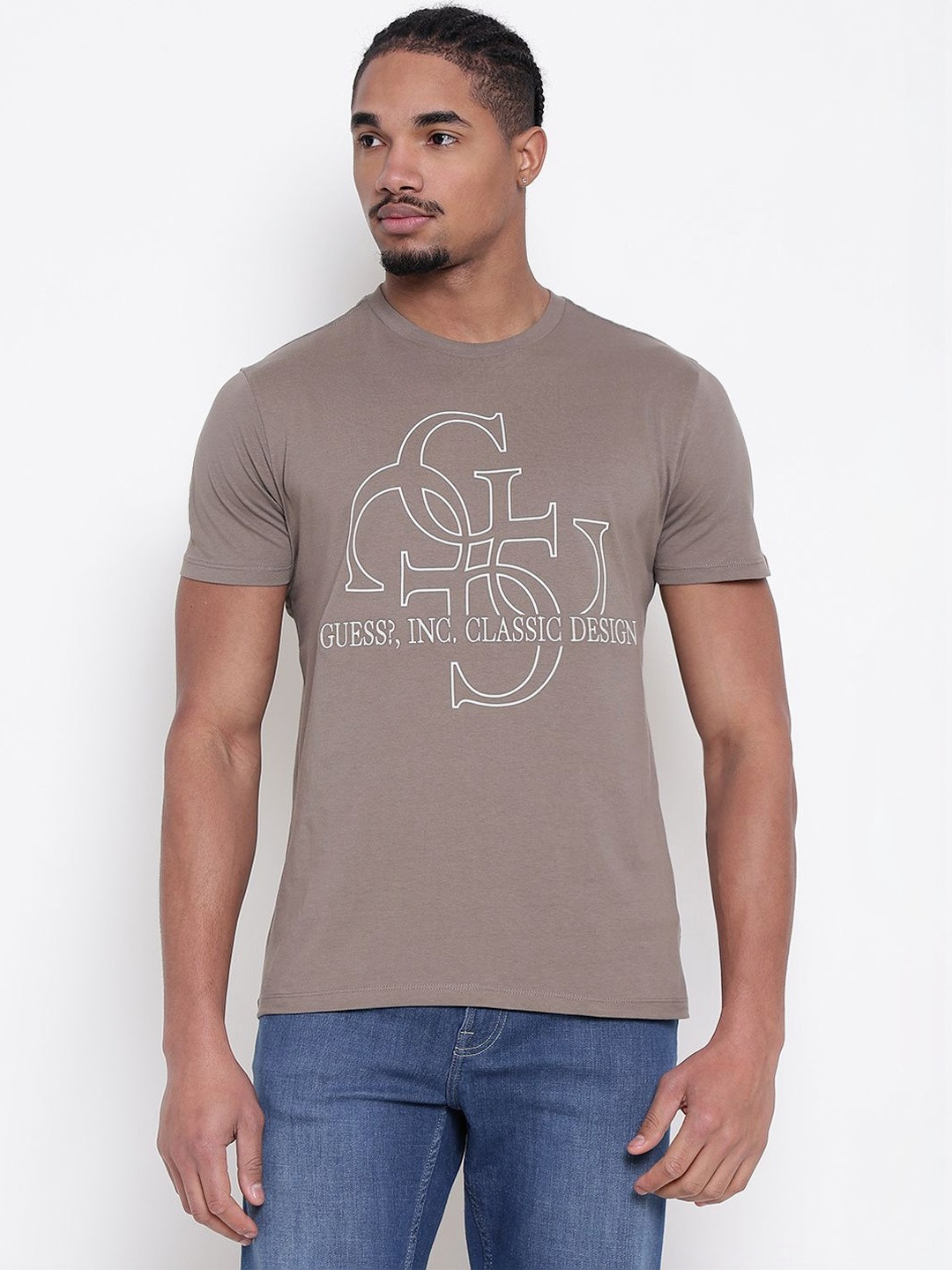 GUESS Men Brand Logo Printed Pure Cotton T-shirt