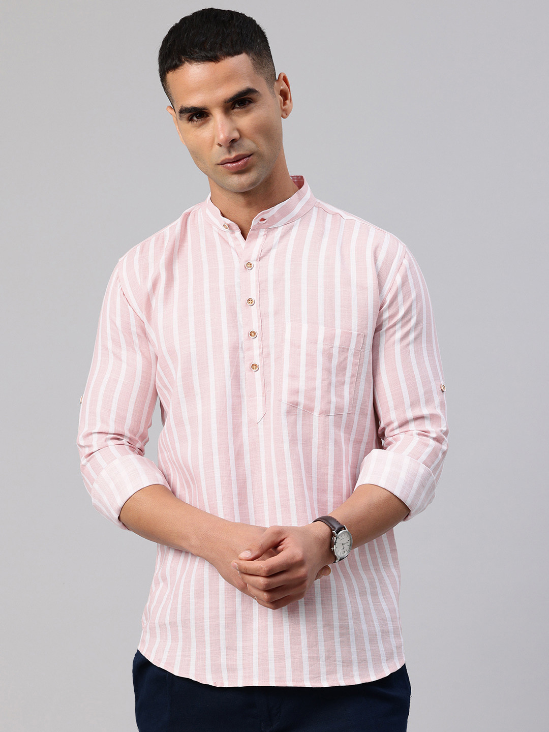 Majestic Man Striped Band Collar Roll-Up Sleeves Pure Cotton Kurta