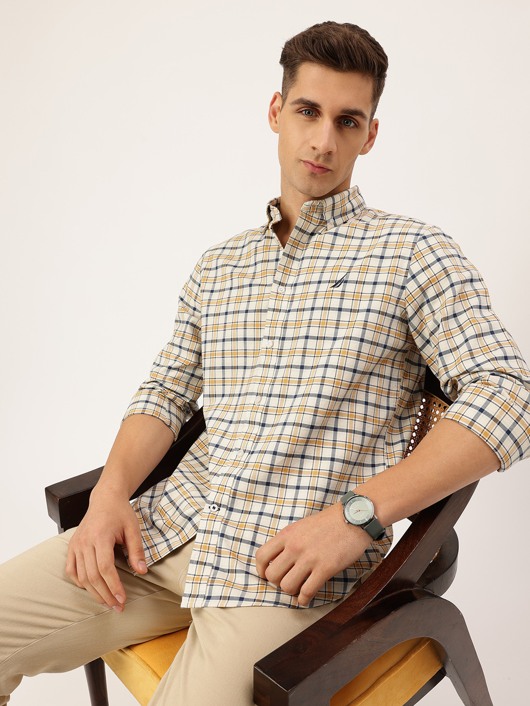 Nautica Slim Fit Checked Pure Cotton Casual Shirt