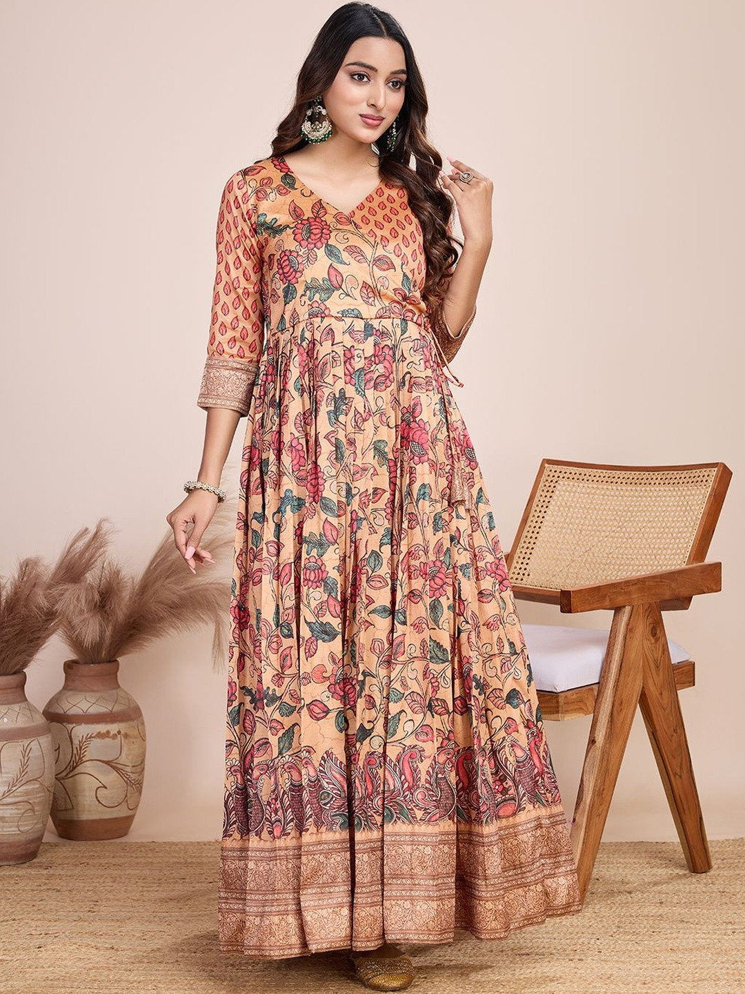KALANANDI Printed V-Neck Fit and Flare Maxi Dresses