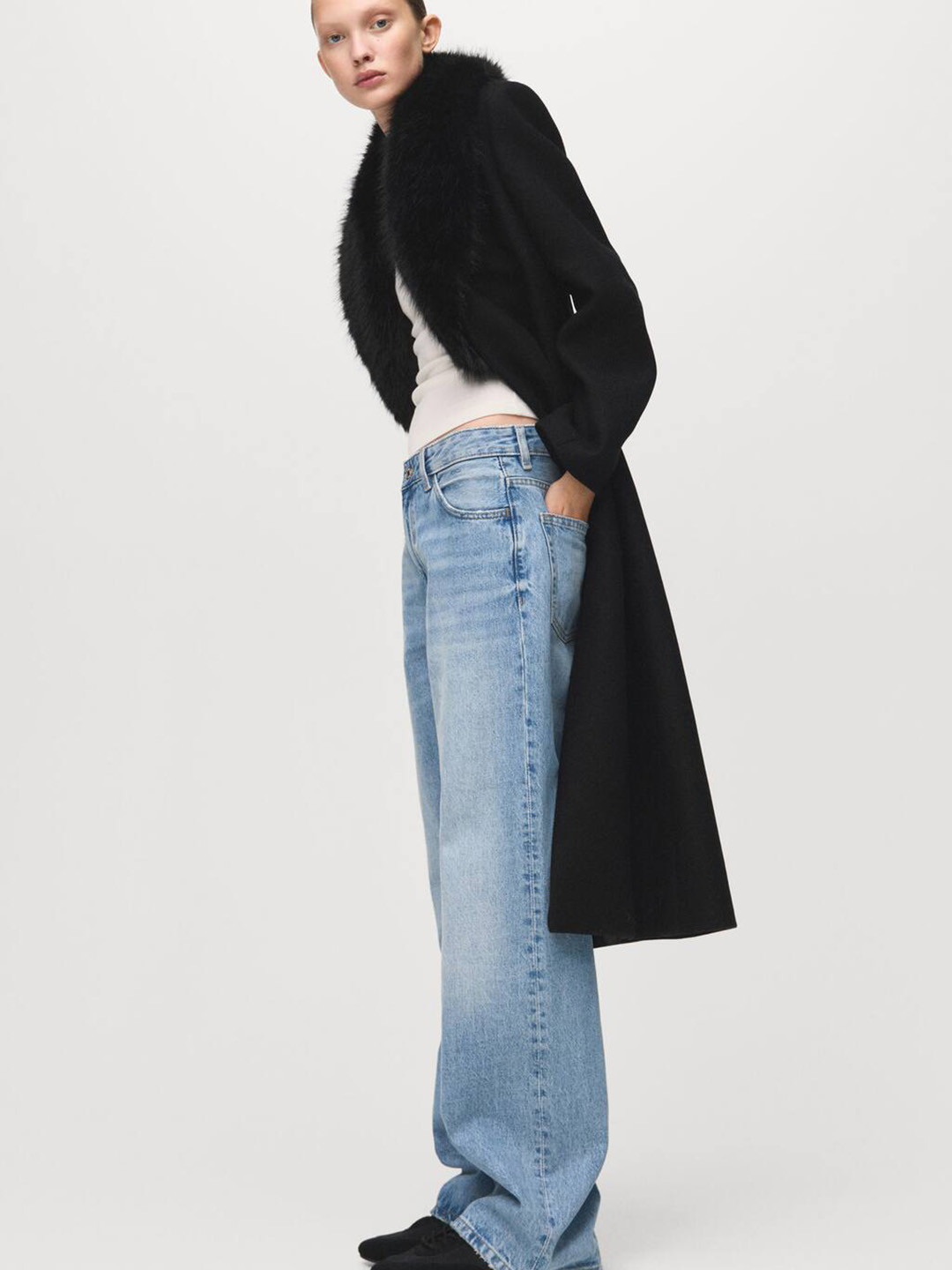 MANGO Notched Lapel Longline Overcoat with Fur Collar