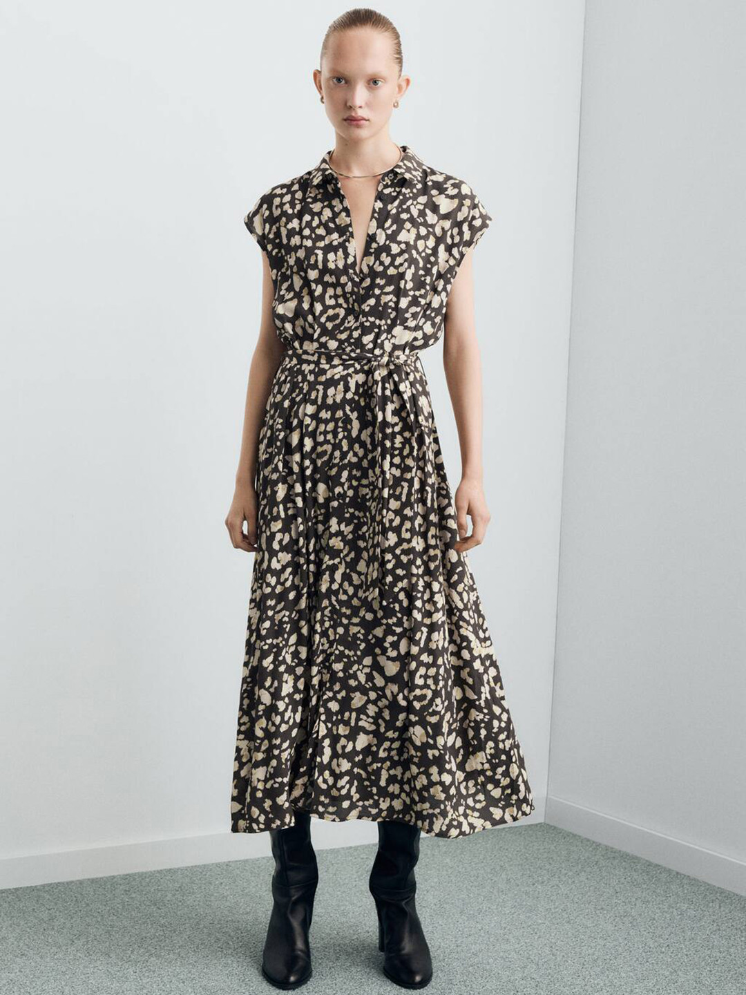 MANGO Printed Shirt Midi Dress with Belt