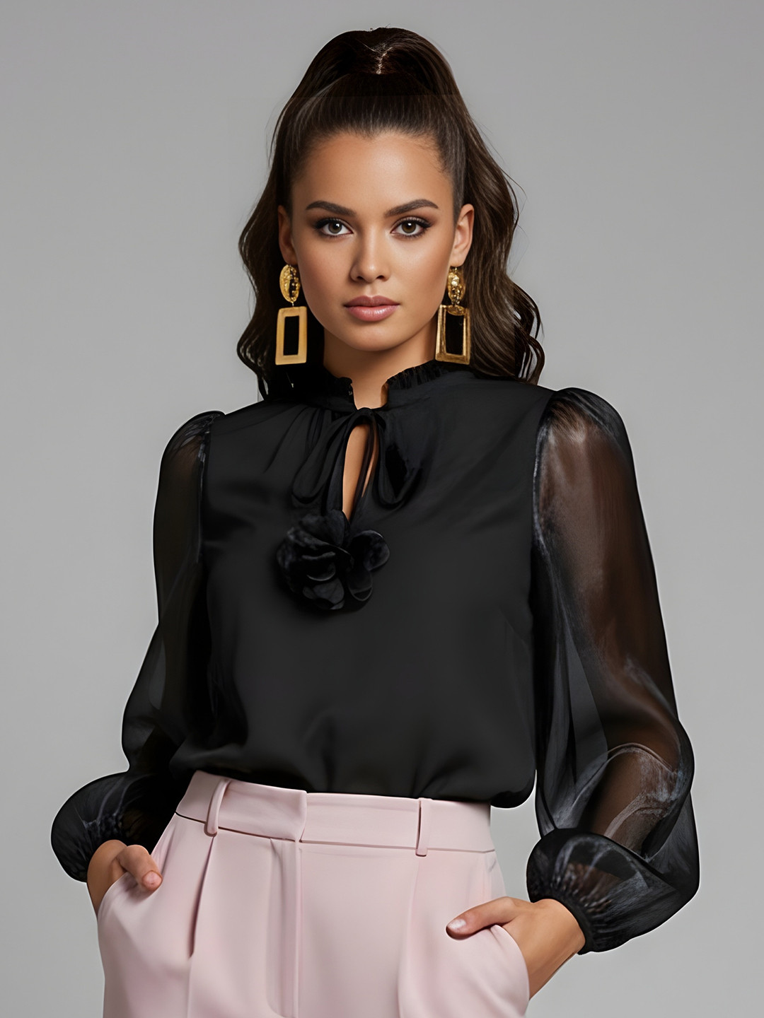 Dora Dori Chanderi Tasseled Ruffles Silk Tie-Up Neck Bishop Sleeves Top