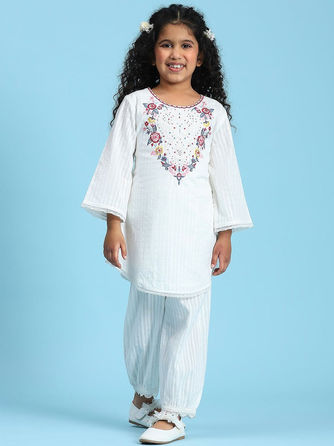 Biba Girls Floral Embroidered Regular Thread Work Pure Cotton Kurti with Patiala