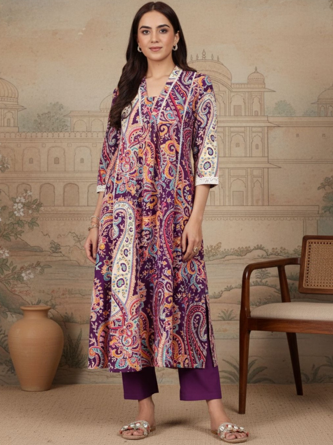 House of Pataudi Printed Pure Cotton V-Neck Kurta Sets