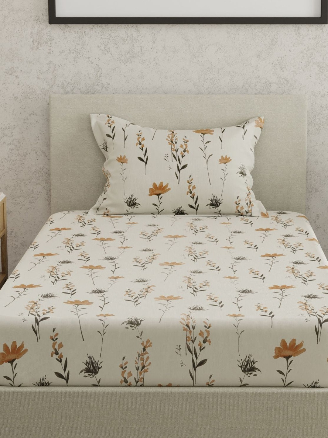 Huesland Off White Floral 144 TC Single Bedsheet with 1 Pillow Covers