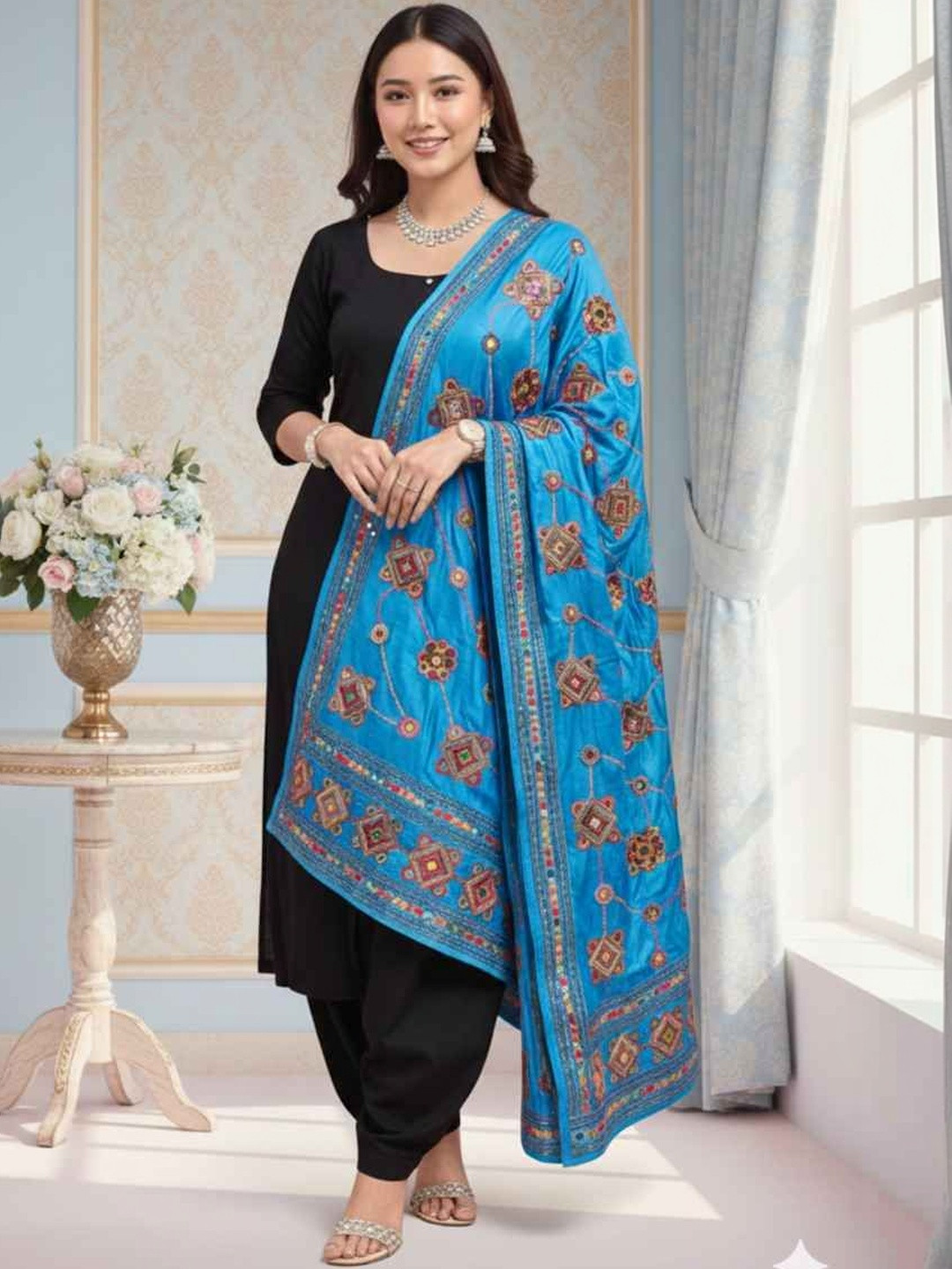 Moda Rapido Ethnic Motifs Embroidered Dupatta with Mirror Work