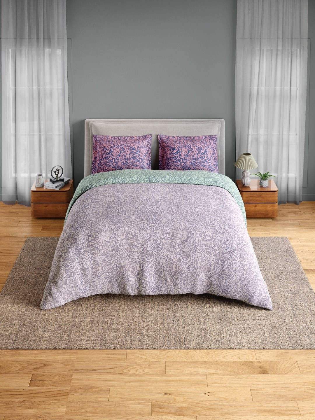 Purple Floral Fitted 144TC 100% Cotton Fine King Bedsheet +2 Pillow Covers-183X198 cm+30Cm