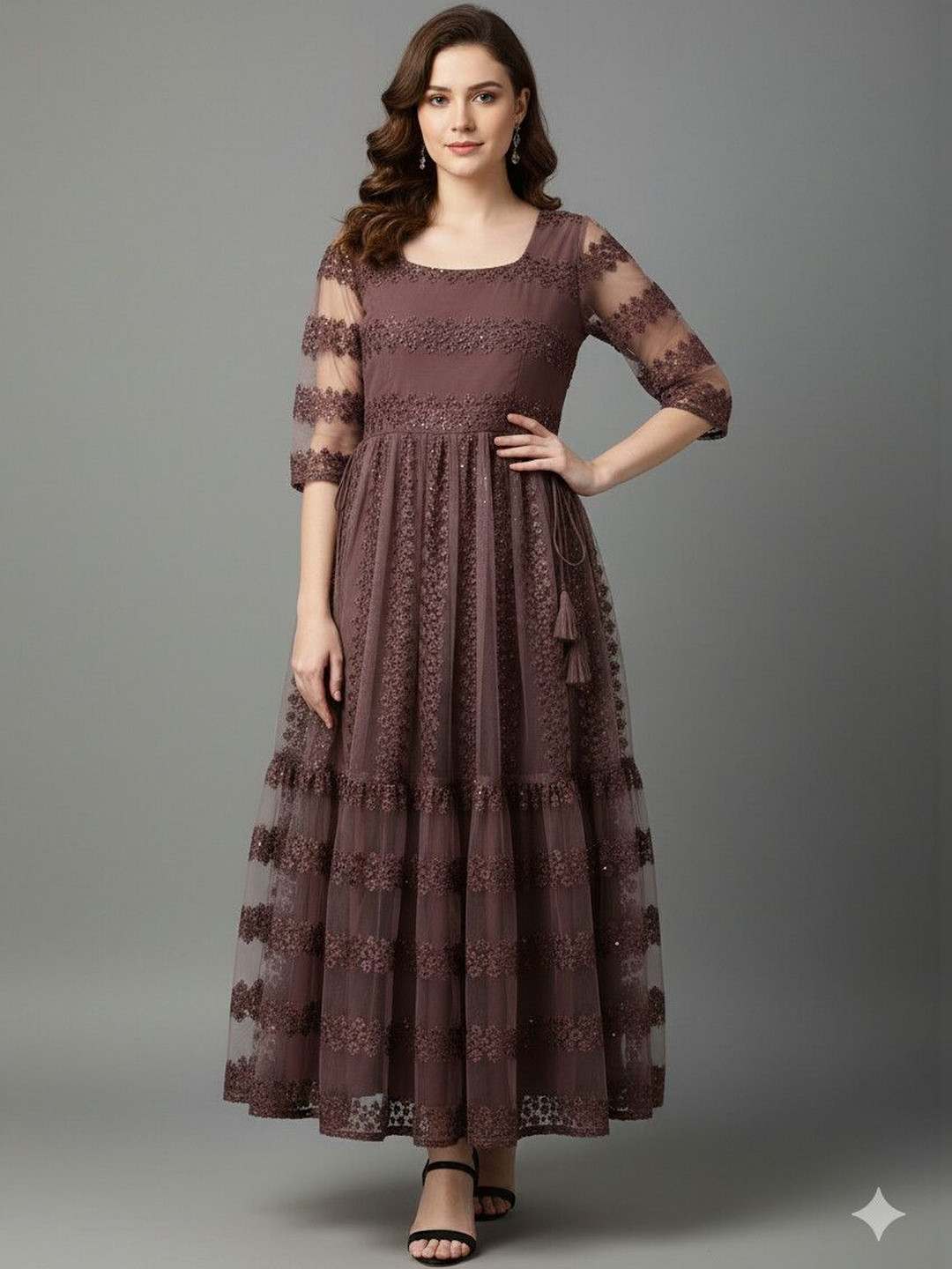 MENSBIT Embroidered Net A-Line Maxi Dress