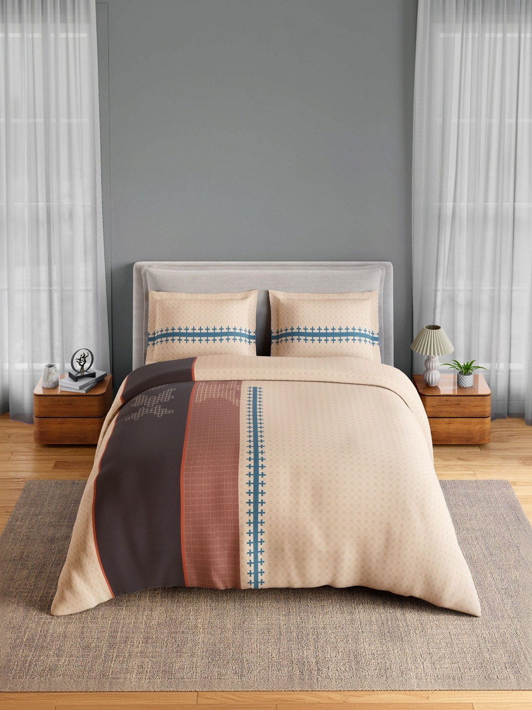 SPACES Beige Geometric 152 TC Bedsheet with 2 Pillow Covers