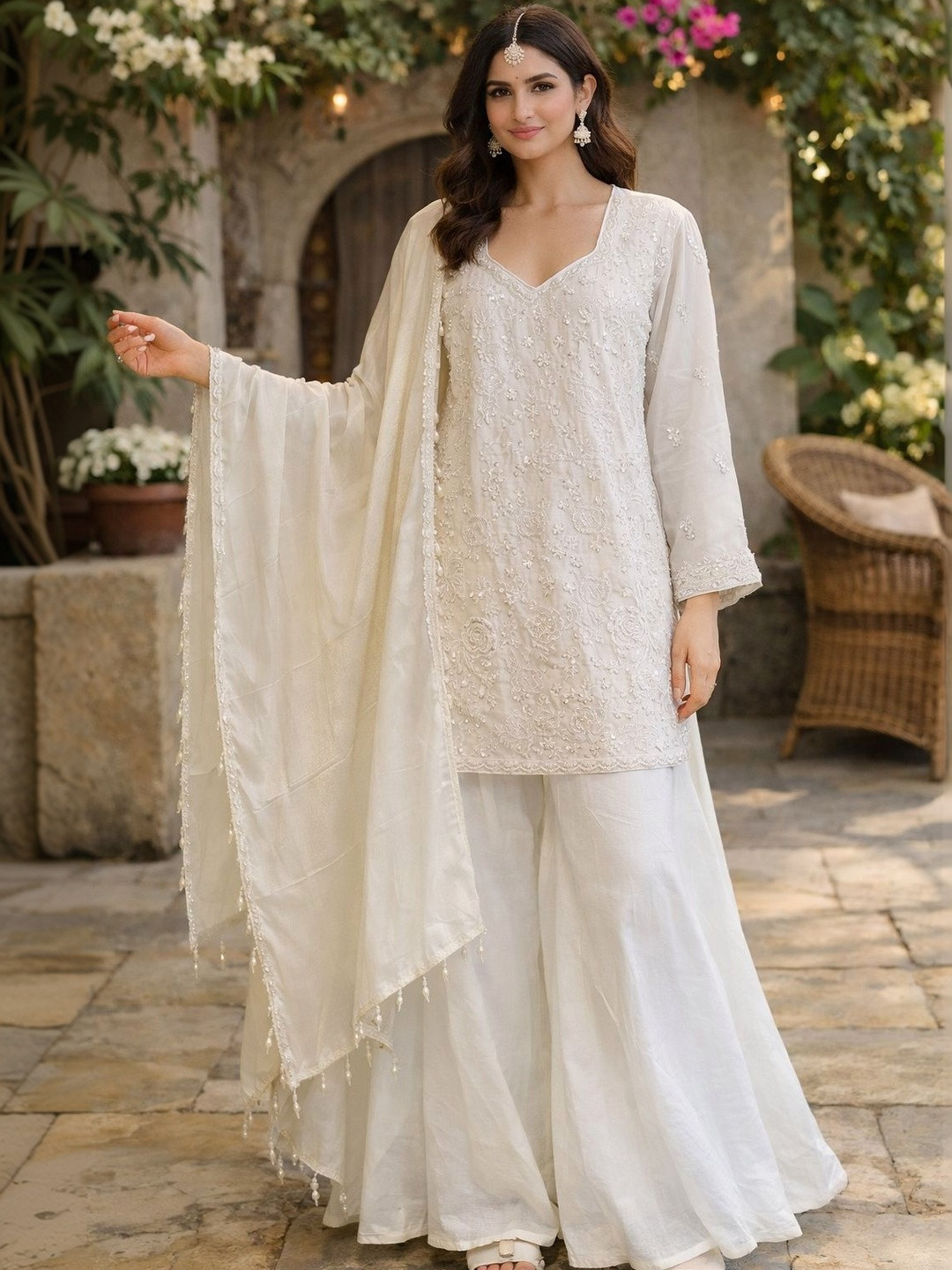 House of Pataudi Embroidered Chinon V-Neck Kurta & Sharara Kurta Sets