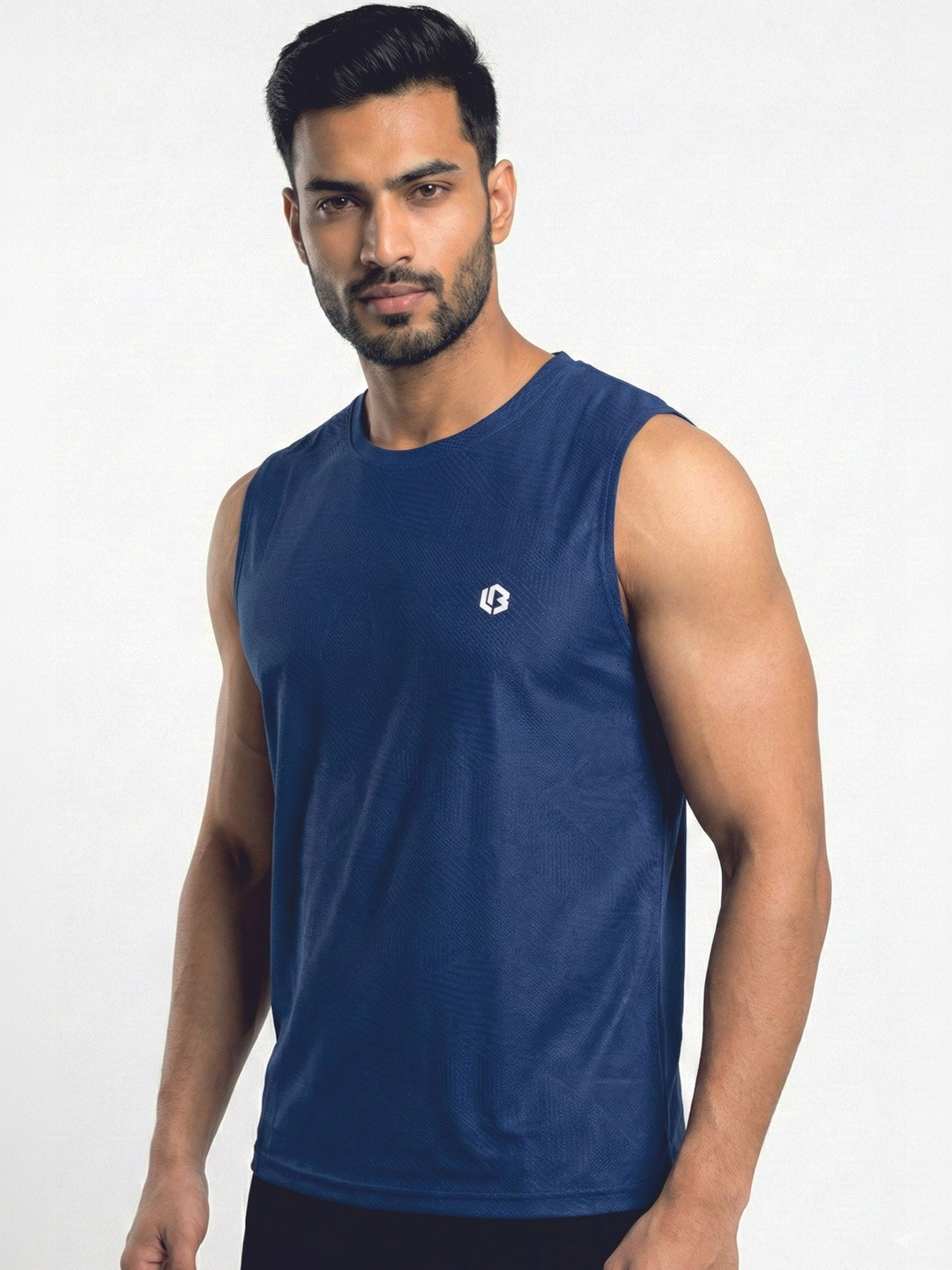 UNBEATEN Navy Blue Graphic Printed Round Neck Sleeveless Sports T-Shirt of Unbeaten