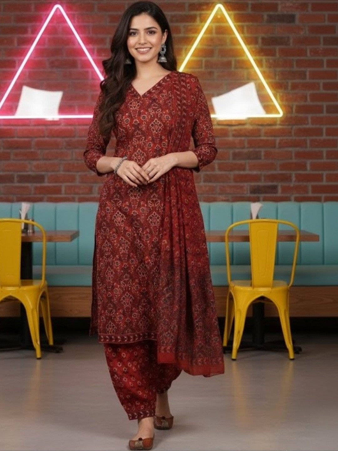 HERE&NOW Women Ethnic Motifs Printed Regular Pure Cotton Kurta with Patiala & With Dupatta