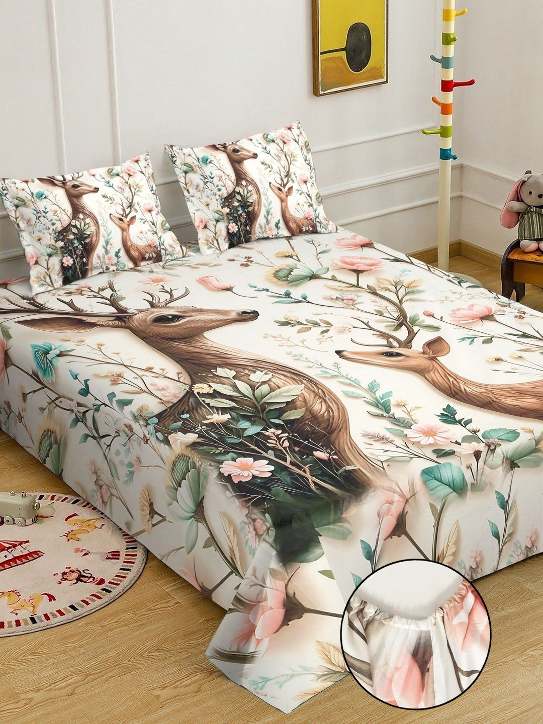 KLOTTHE Cream-Colored Animal Printed 400 TC King Superfine Bedsheets